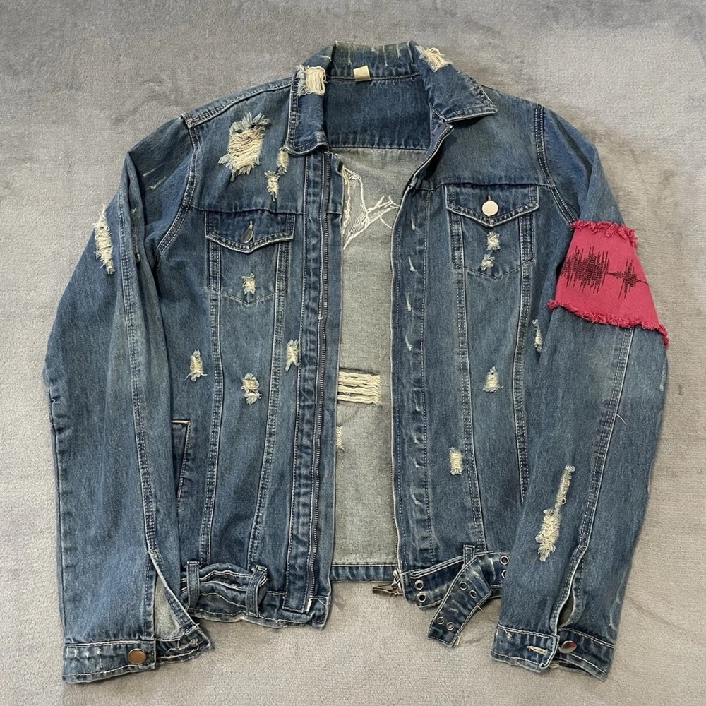 Belted Blue Denim Grunge/Very Distressed Embroidered Zip Up Jacket Size Large